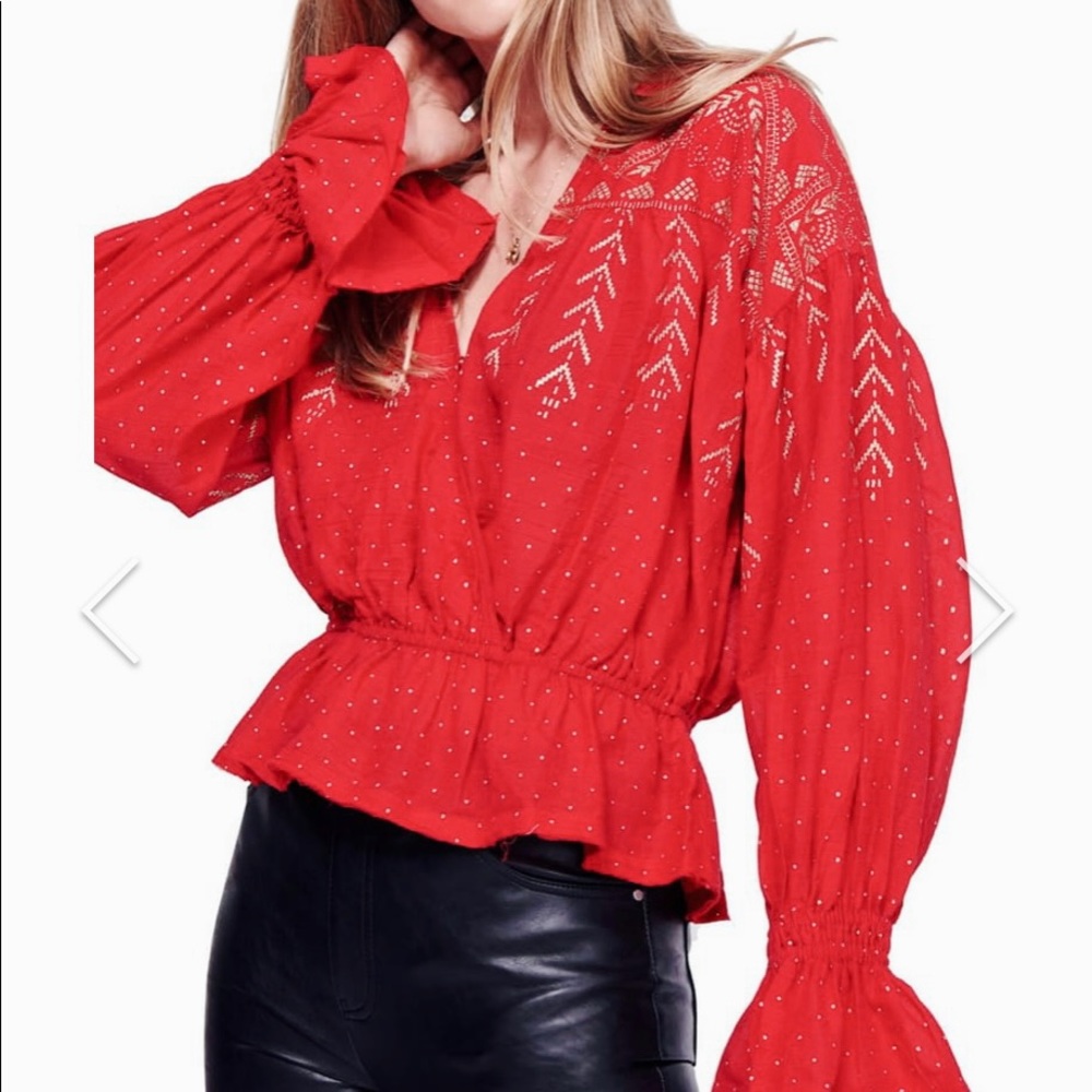 FREE PEOPLE Metallic Bell Sleeves Blouse Caliente Red